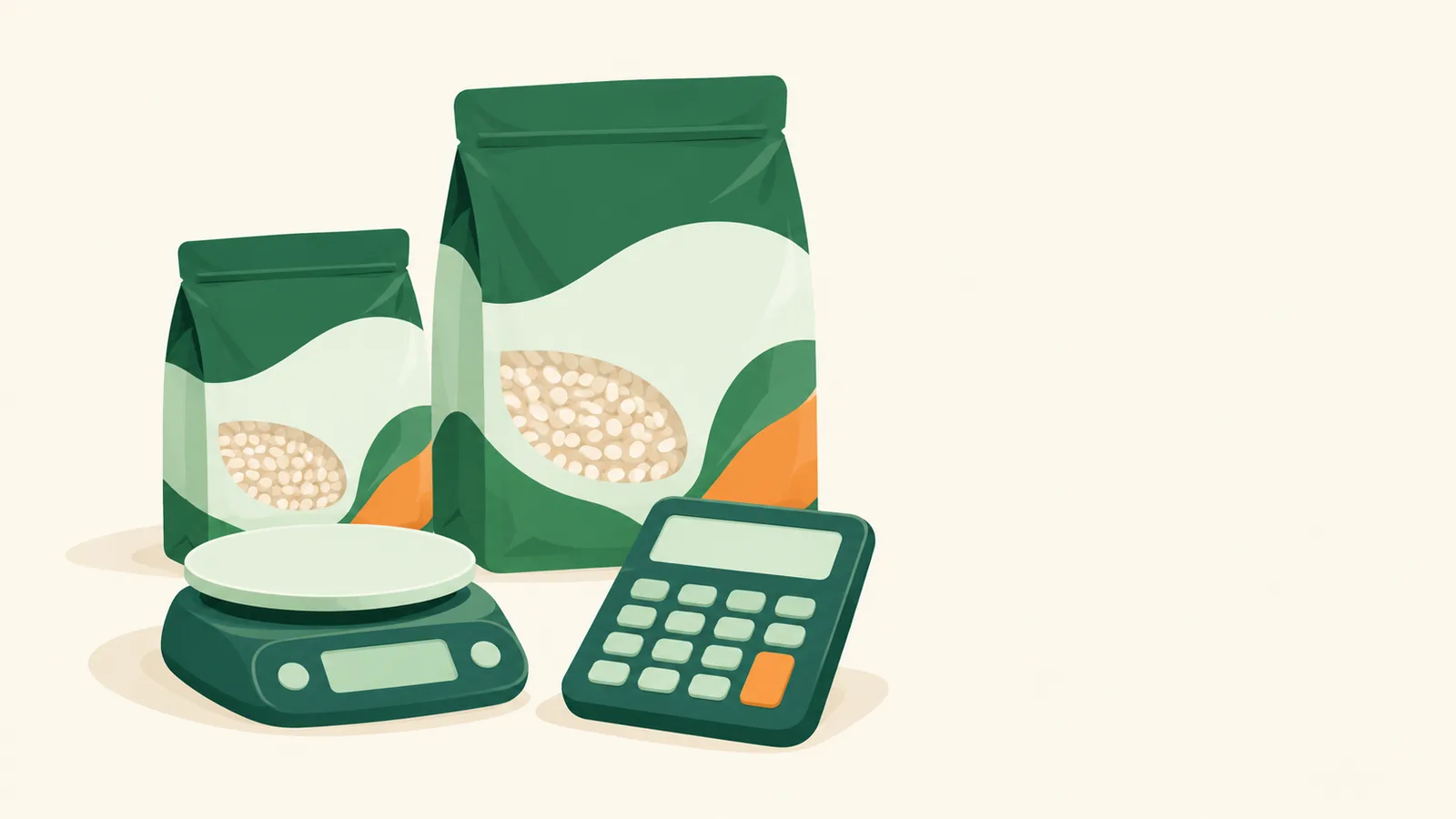 Duas embalagens de tamanhos diferentes ao lado de uma balança e de uma calculadora