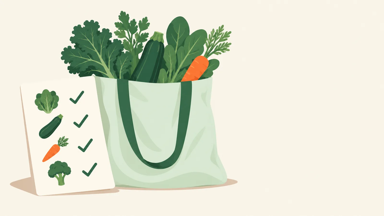 Lista de compras em papel com itens marcados, ao lado de uma sacola com legumes