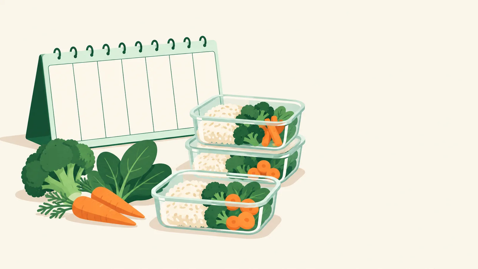 Calendário da semana ao lado de potes de comida e legumes frescos organizados