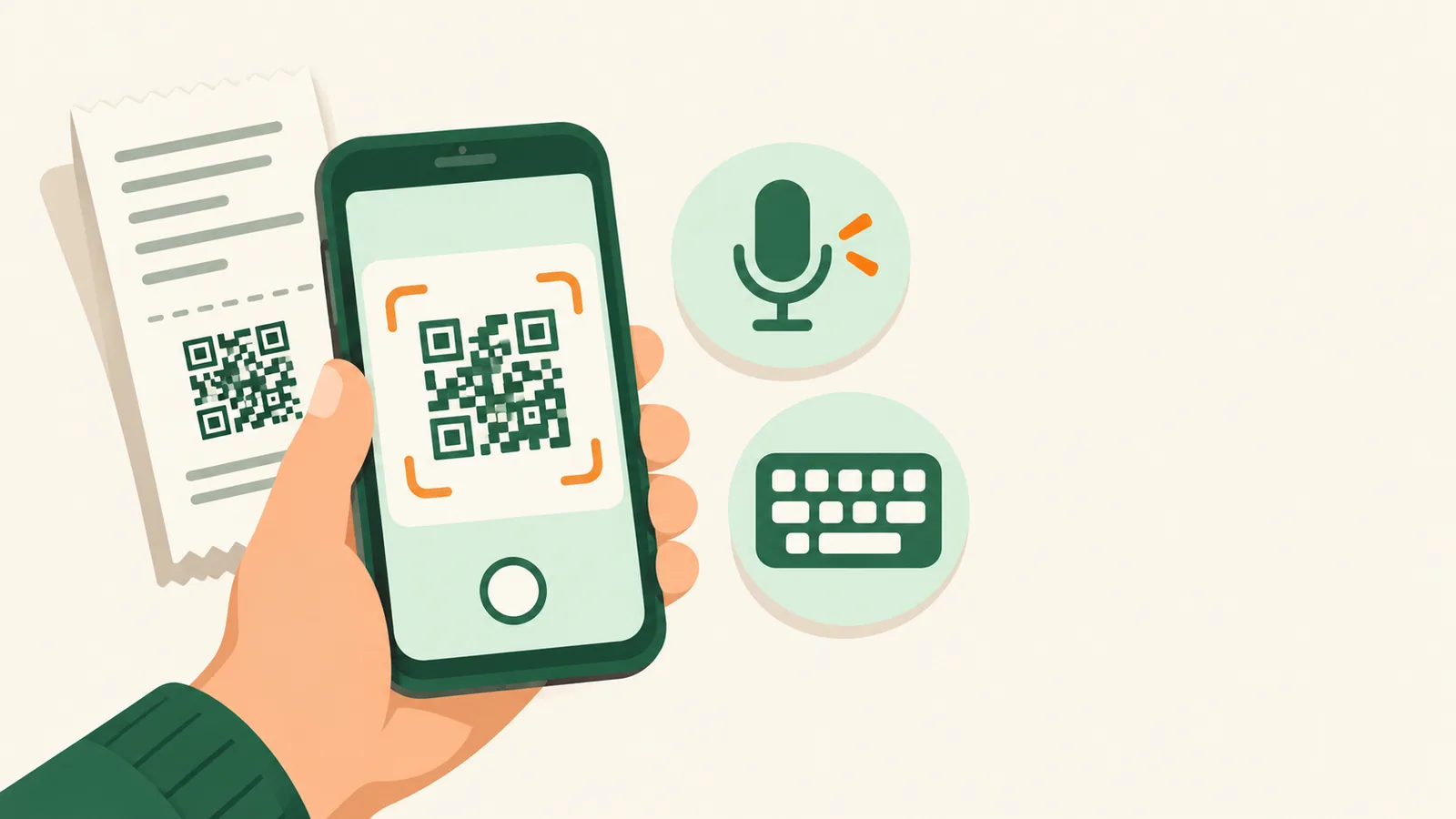 Mão segurando um celular que lê o QR Code de um cupom fiscal, com um microfone ao lado