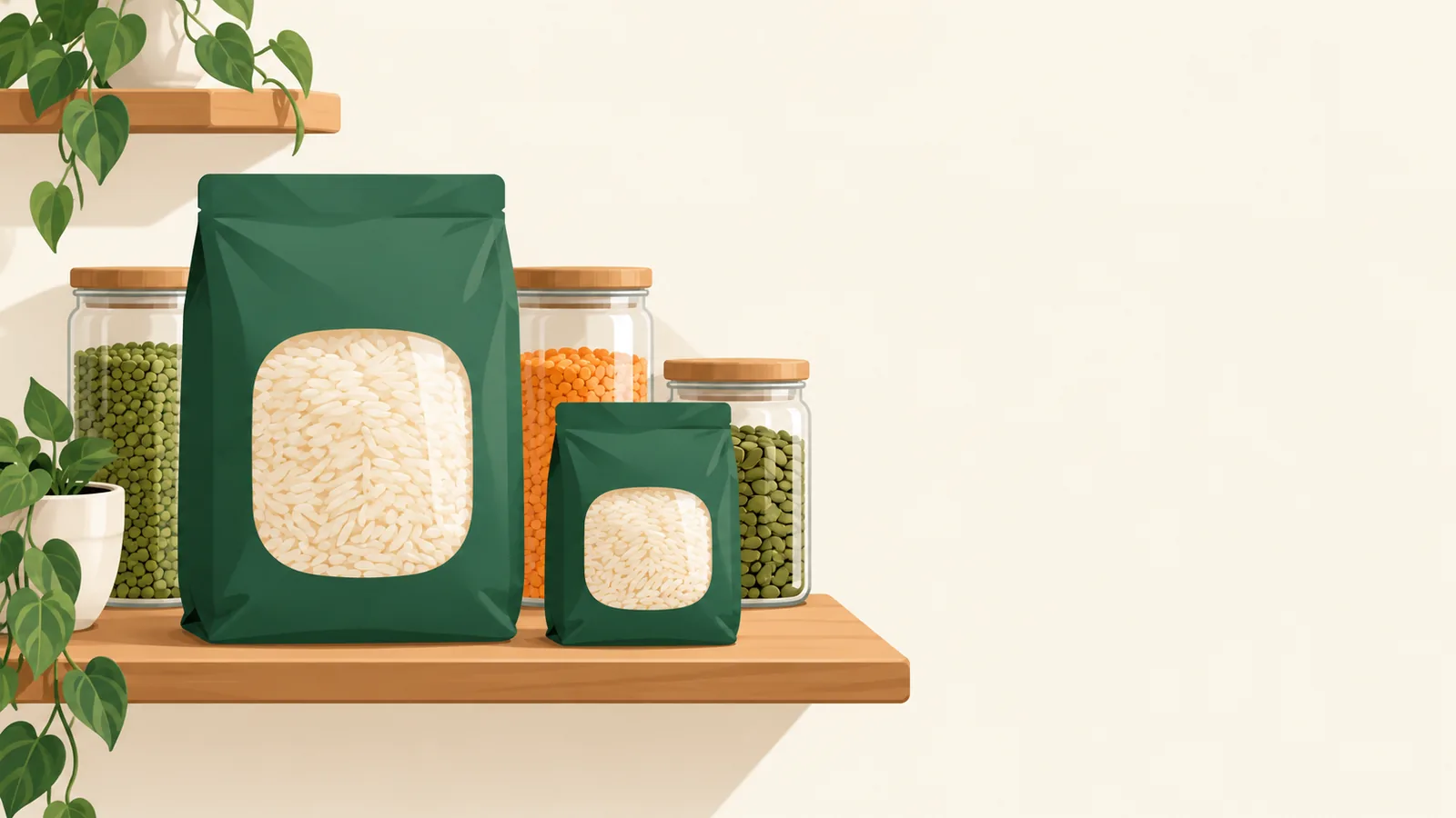 Um saco grande de arroz ao lado de um pacote pequeno, em uma despensa organizada