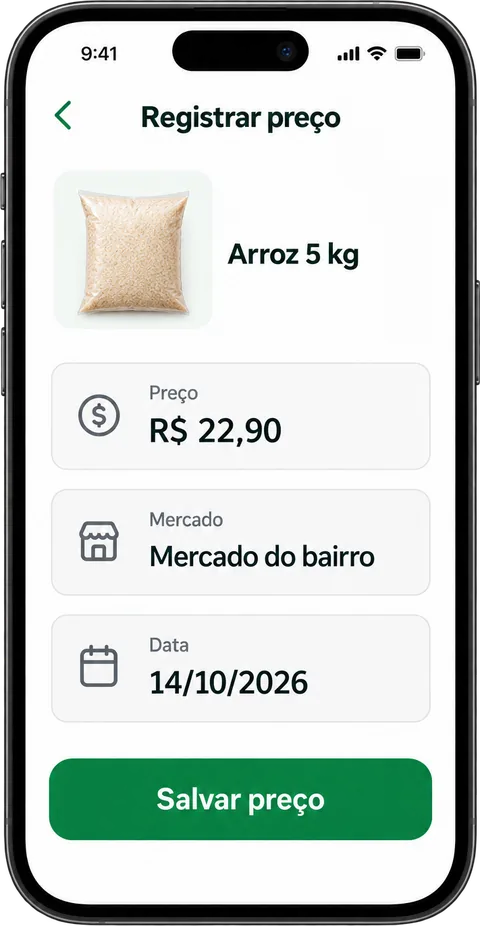 Tela Registrar preço